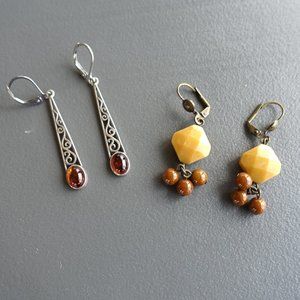 Earring Bundle: Amber/Silver + Red/Yellow Jasper Gemstone Dangle Earrings